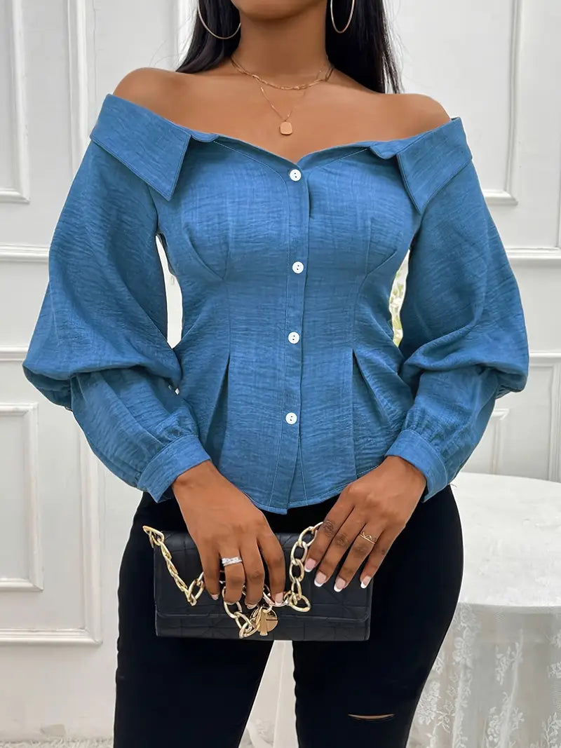 Mabel - Elegante top in denim a maniche lunghe con spalle scoperte