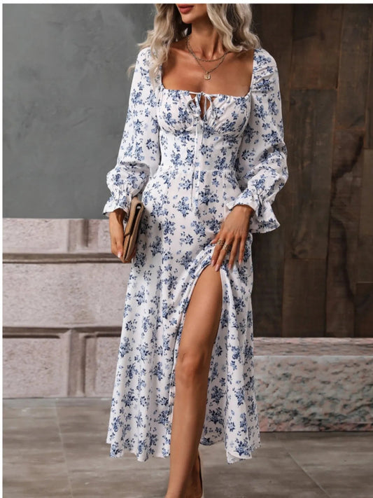 Anastasia - Abito Elegante con Scollo Quadrato, Maniche a Volant e Stampa Floreale