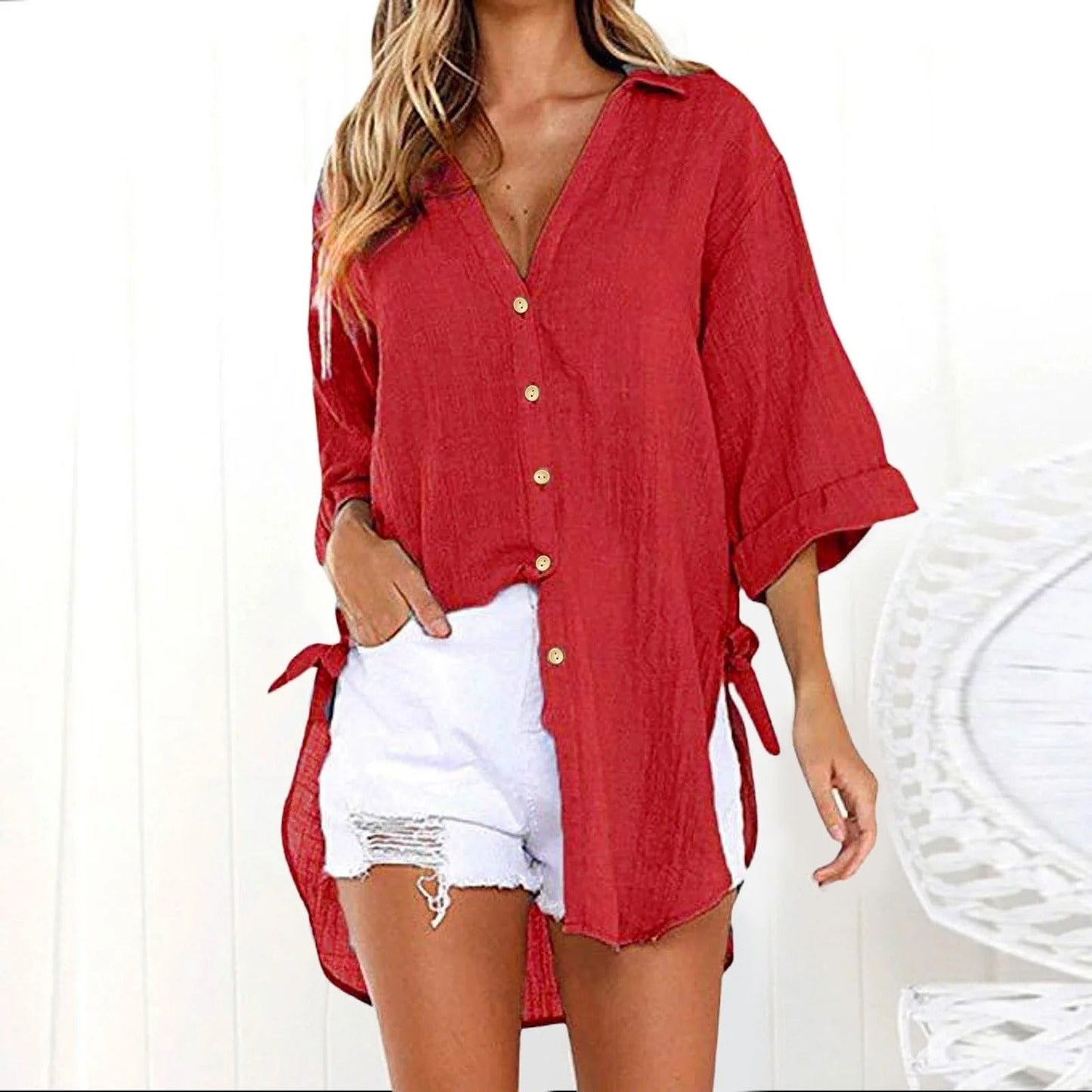Karmella - Blusa casual ampia con bottoni e scollo a V