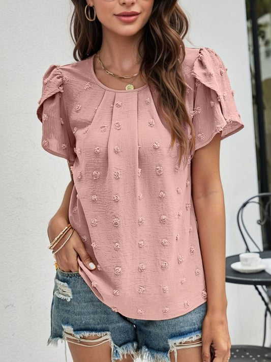Katerina - Elegante Blusa con Collo Rotondo e Maniche a Petalo in Tessuto Swiss Dot