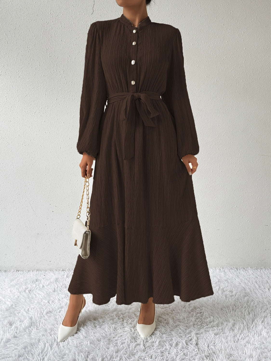 Anne - Elegante abito lungo a maniche lunghe con cintura a fiocco