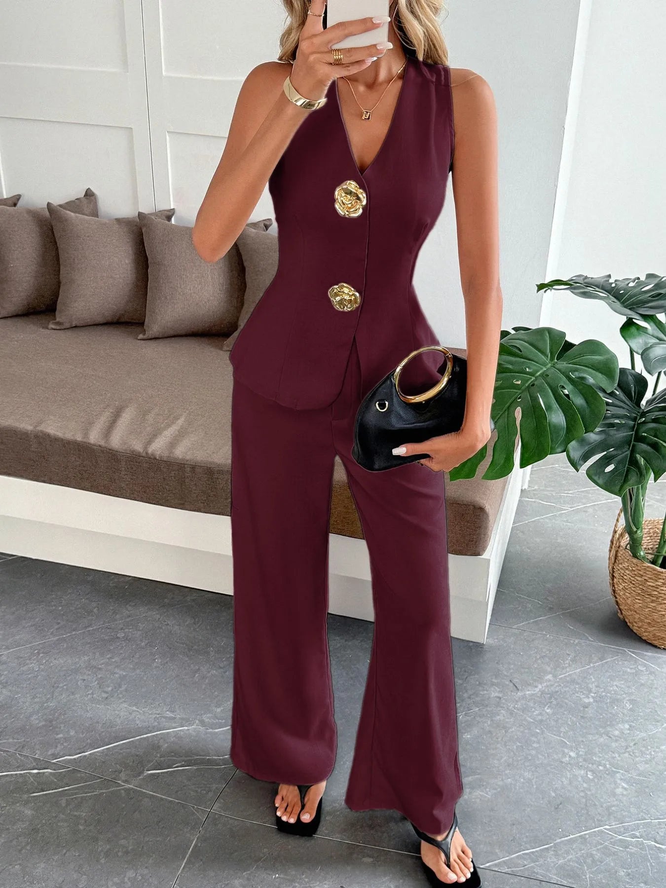 Zainah - Elegante completo con gilet e pantaloni a scollo a V
