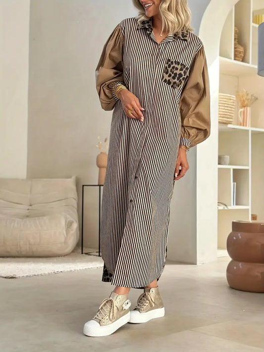 Estelle - Elegante abito lungo a righe e stampa leopardata