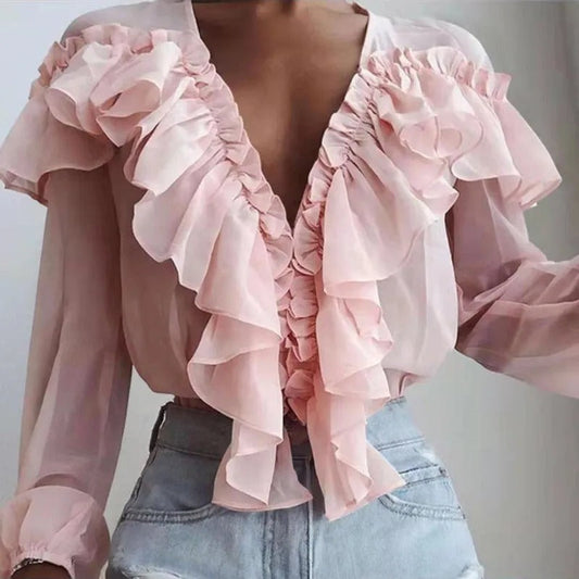 Nychelle - Elegante blusa con volant e maniche lunghe con scollo a V profondo