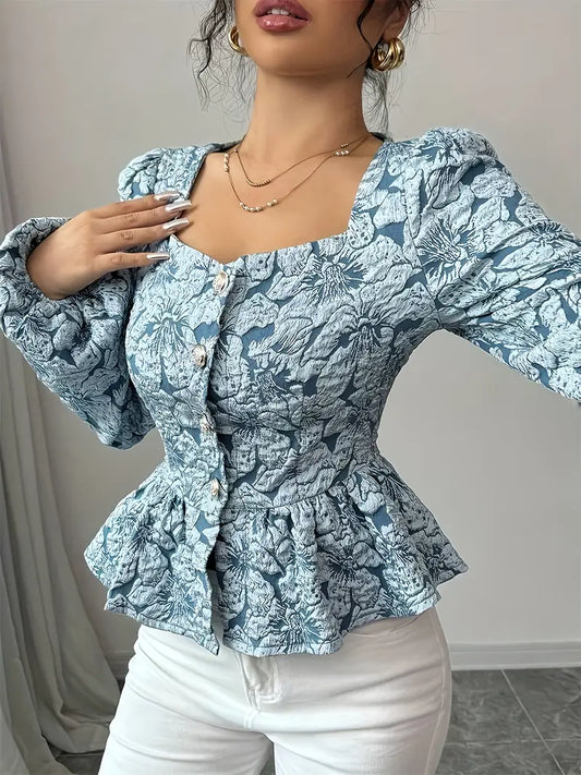 Eliza - Elegante top jacquard floreale con orlo arricciato