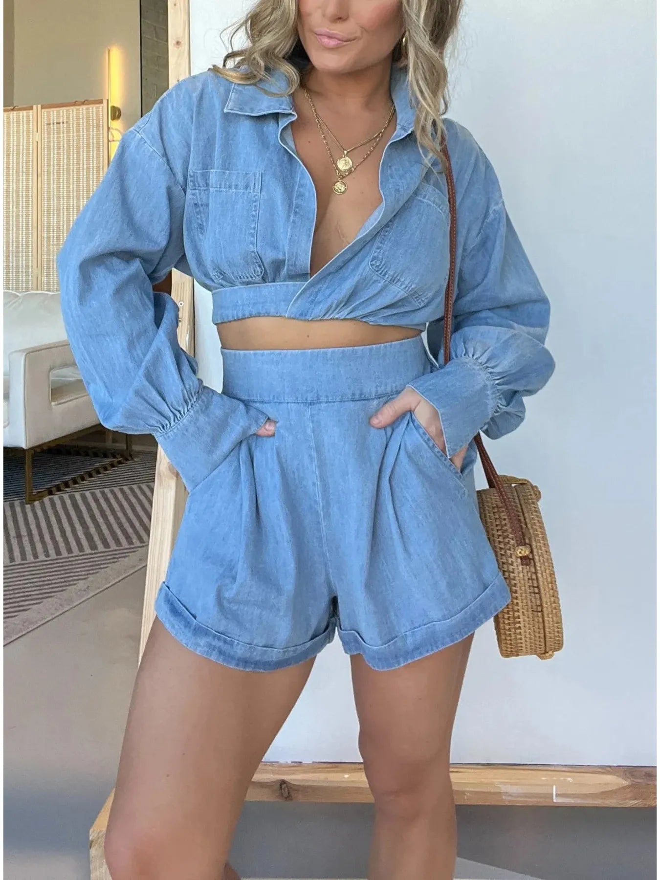 Nyla - Elegante completo in denim con camicia a maniche lunghe e pantaloncini