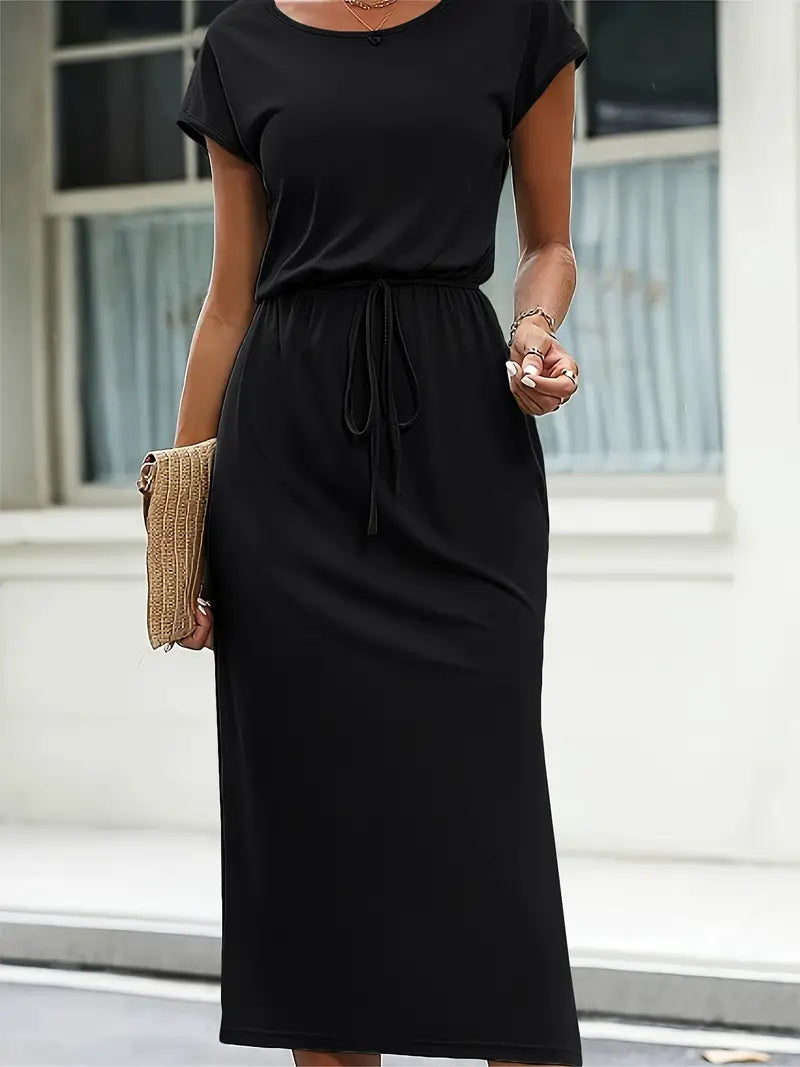 Lucy - Abito casual a maniche corte con scollo tondo e cintura da annodare
