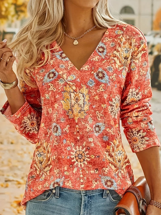 Rosaly - Elegante blusa a maniche lunghe con stampa boho e scollo a V