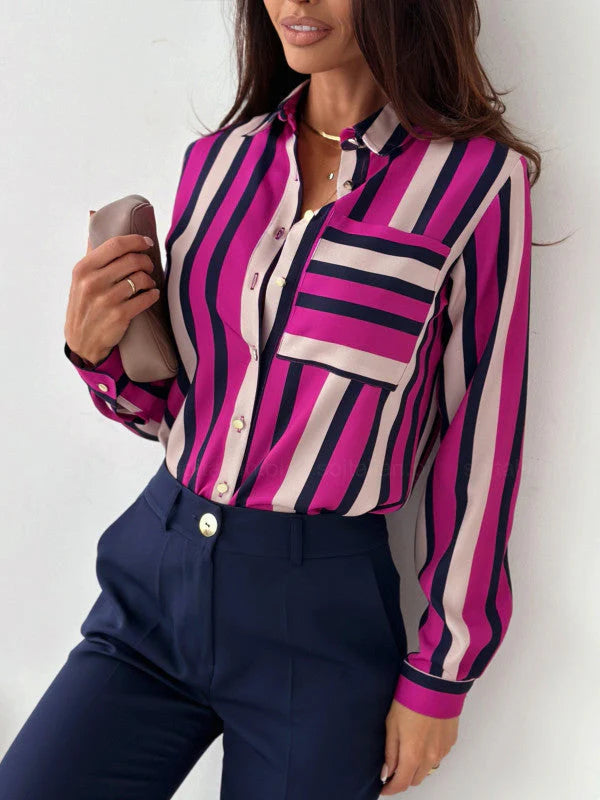 Zainab - Elegante camicetta polo a righe con bottoni e maniche lunghe