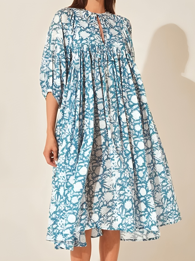Mercy - Abito casual floreale con maniche a campana e vestibilità ampia