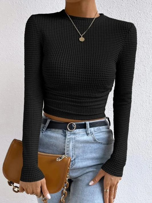 Sabrina - Felpa corta casual in maglia waffle a taglio slim