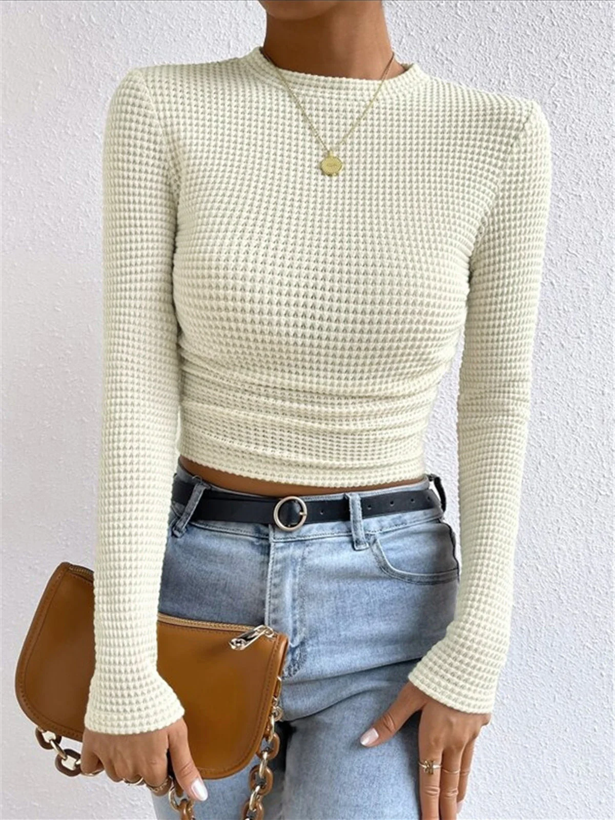 Sabrina - Felpa corta casual in maglia waffle a taglio slim