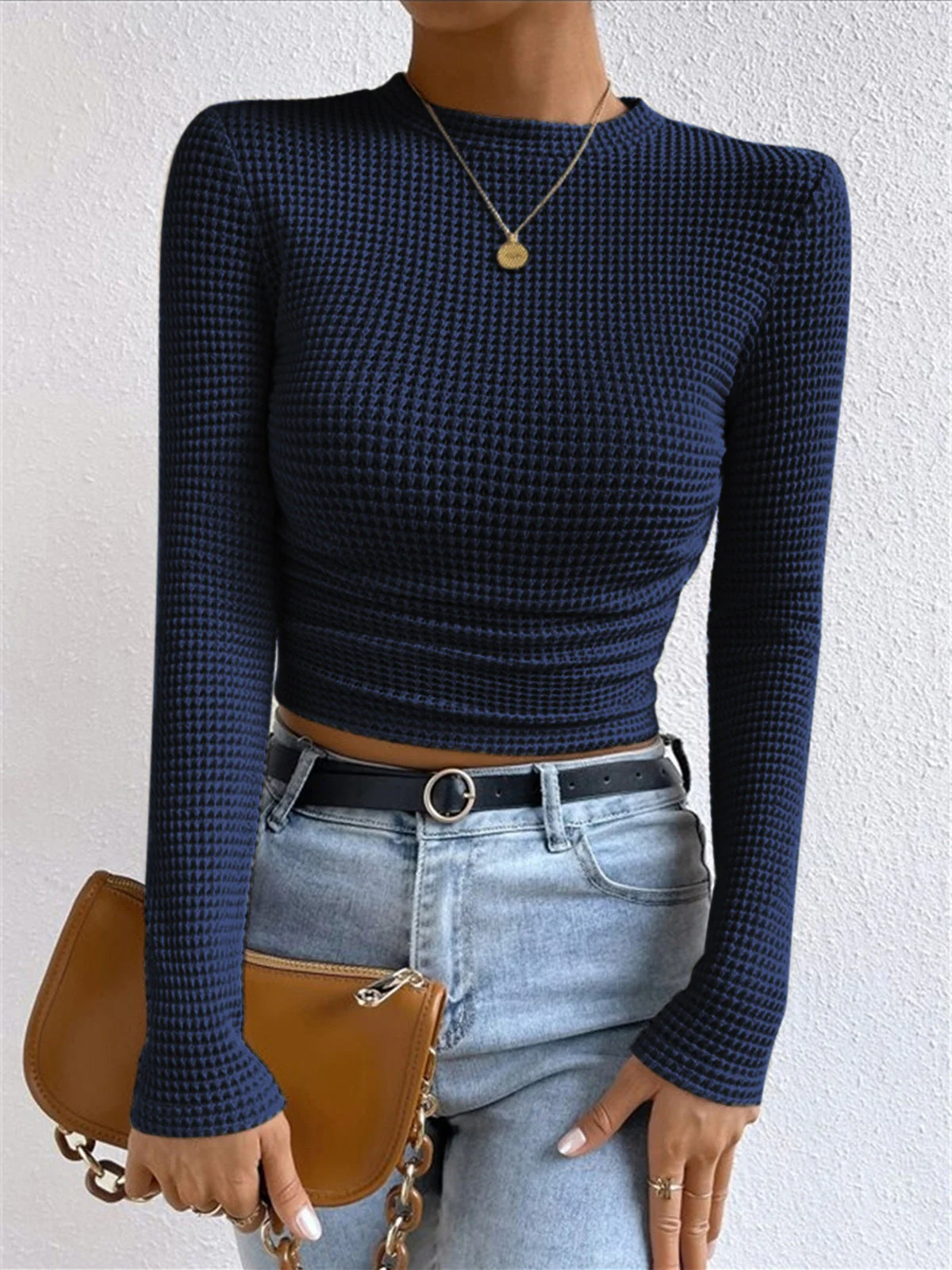 Sabrina - Felpa corta casual in maglia waffle a taglio slim