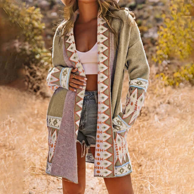 Rica - Elegante cardigan lungo in maglia con motivo geometrico