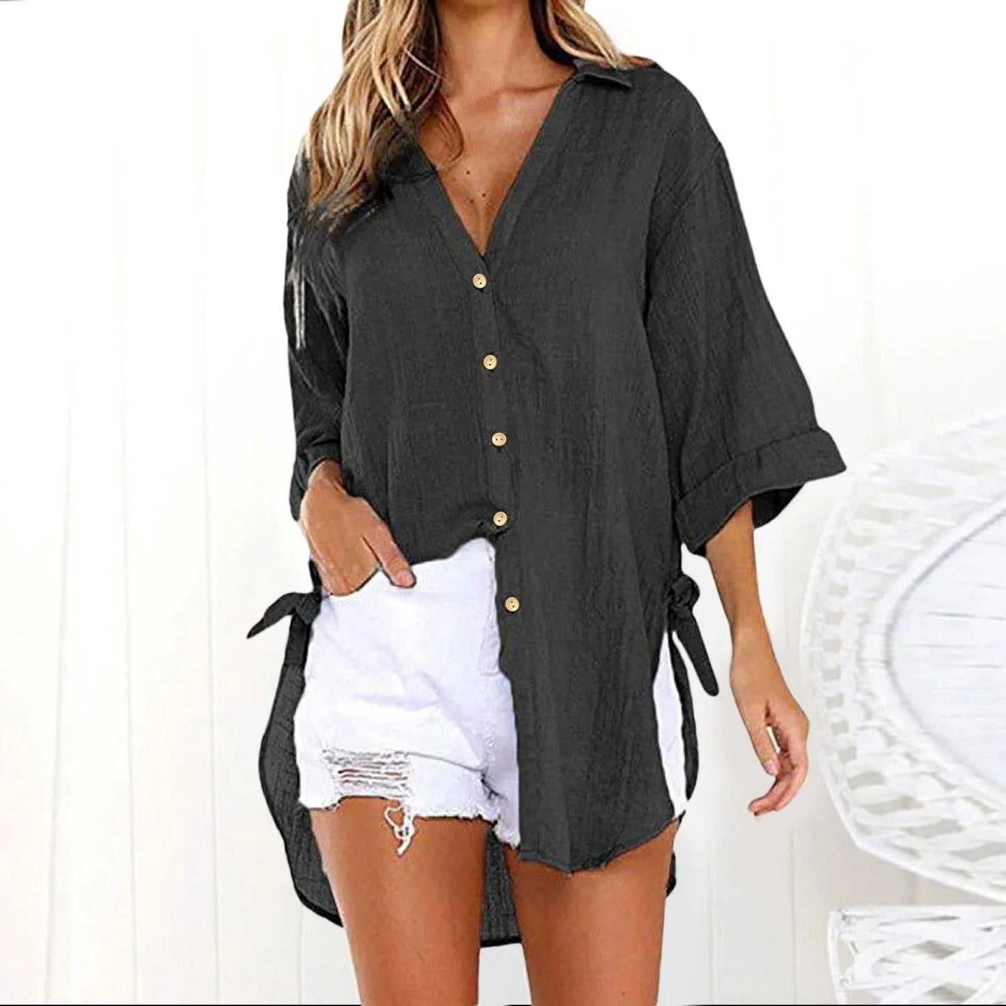 Karmella - Blusa casual ampia con bottoni e scollo a V