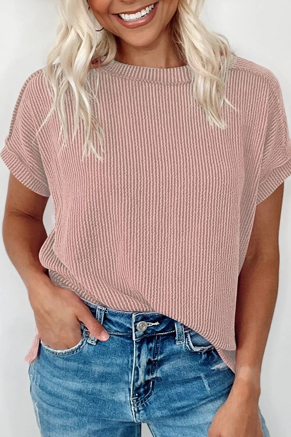 Pearl - T-shirt a maniche corte in tessuto a costine con scollo rotondo chic casual