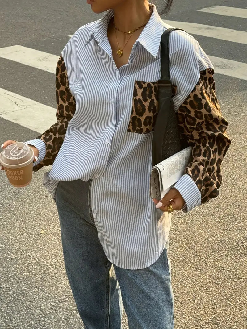 Eliza - Camicetta da donna con patchwork leopardato e righe