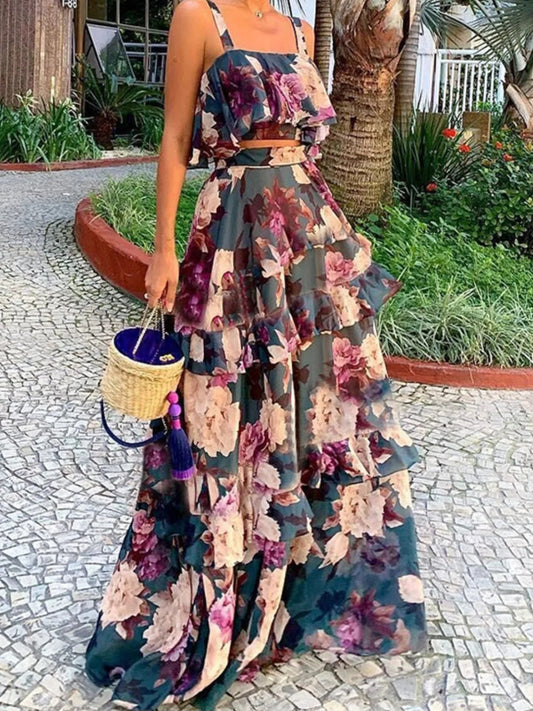Leslie - Completo elegante con top corto a spalline e gonna ampia a balze
