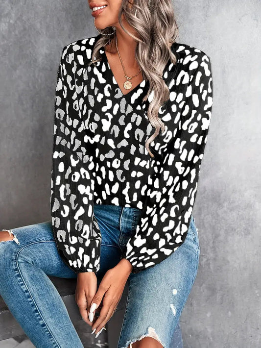 April - Camicetta Casual a Maniche Lunghe con Collo a V e Stampa Leopardo