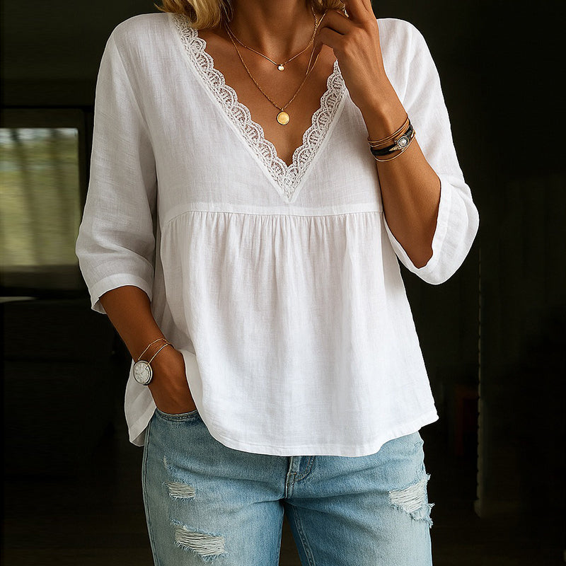 Angel - Blusa elegante in pizzo con scollo a V e maniche 3/4