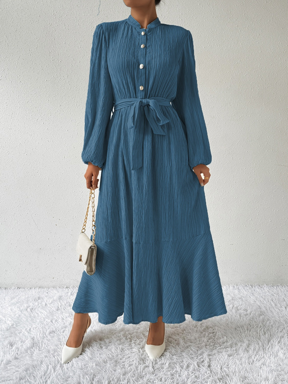 Anne - Elegante abito lungo a maniche lunghe con cintura a fiocco