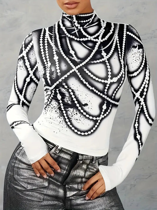 Drusilla - Top da donna astratto con collo alto e maniche lunghe