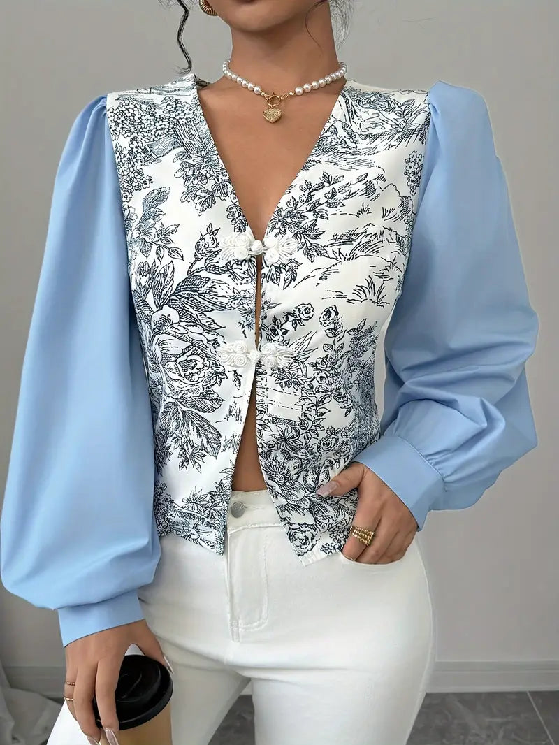 Elaine - Camicetta da donna con scollo a V e stampa floreale e maniche a lanterna