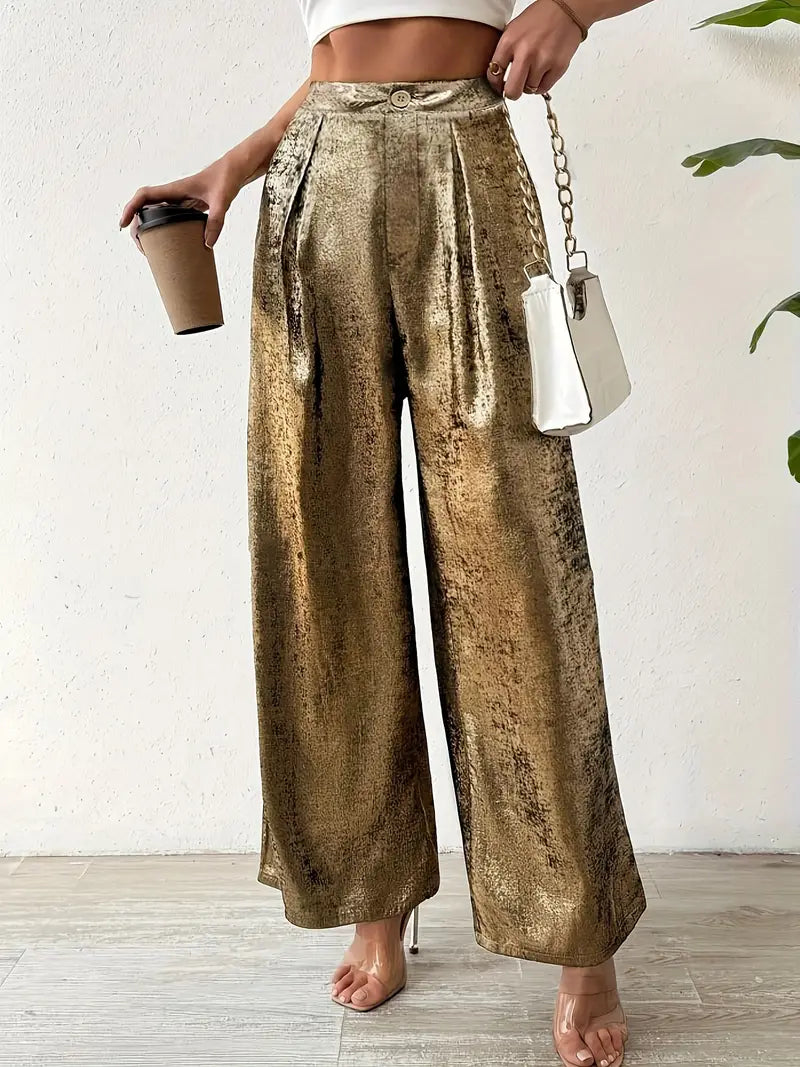 Marjorie - Eleganti pantaloni a vita alta dorati a gamba larga