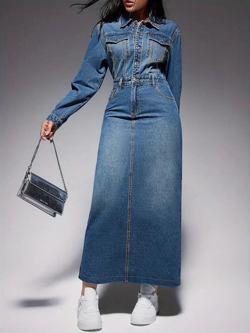 Lydia - Elegante abito a maniche lunghe in denim look per donna