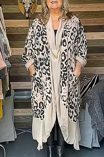 Top casual a maniche lunghe con stampa leopardata e patchwork