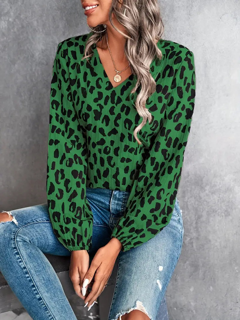 April - Camicetta Casual a Maniche Lunghe con Collo a V e Stampa Leopardo