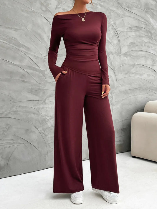 Mireya - Elegante completo con top aderente a maniche lunghe e pantaloni a gamba larga