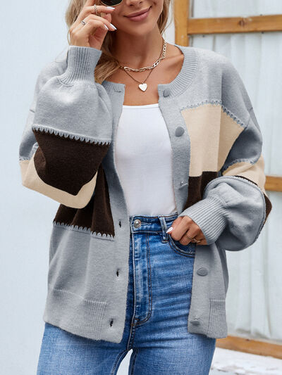 Roxana - Cardigan elegante con bottoni, maniche a sbuffo e blocchi di colore