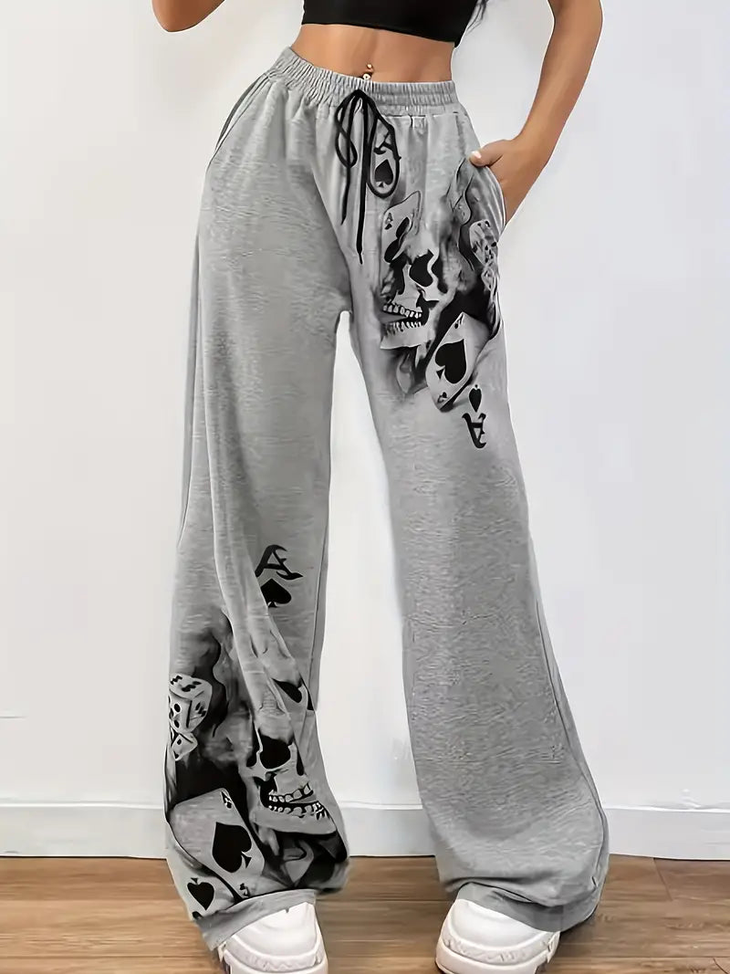 Sally - Pantaloni larghi con stampa a forma di corvo e coulisse