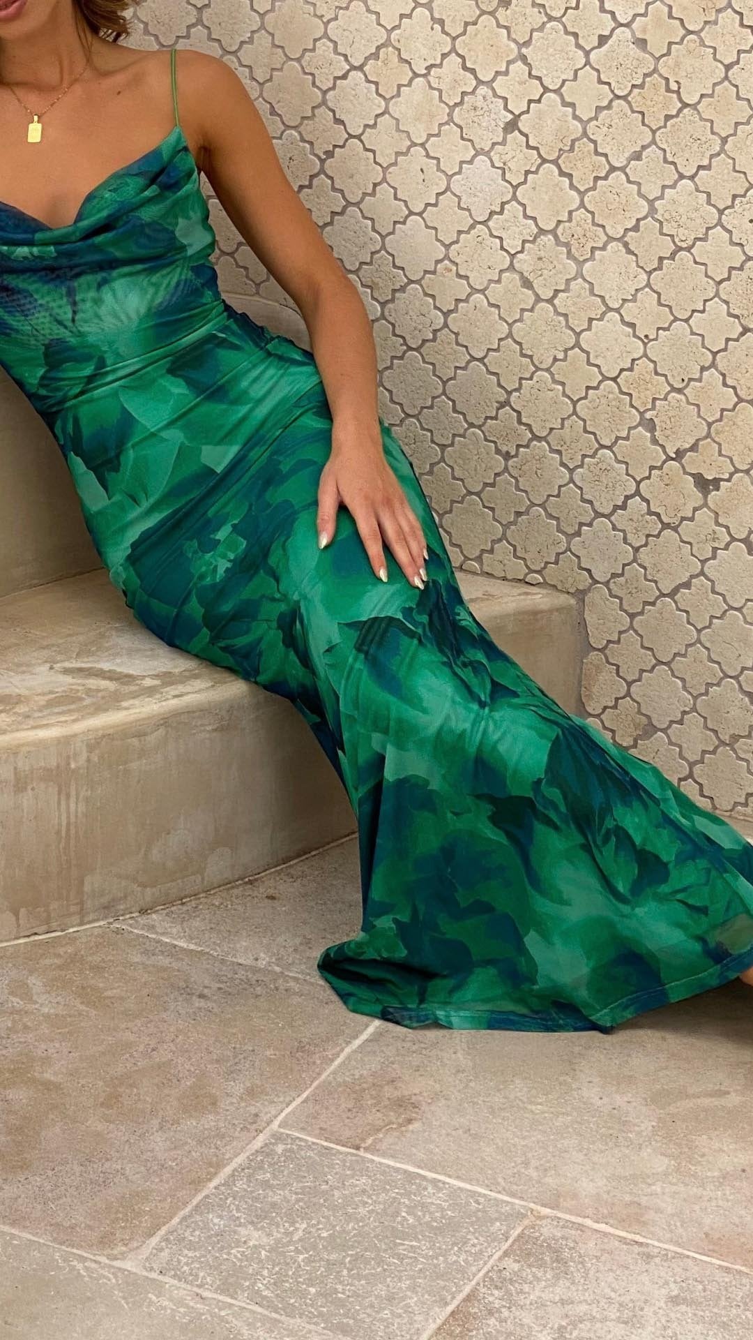 Toperth Verde Floreale Stampato Spaghetti Cinghie Slip Maxi Abito