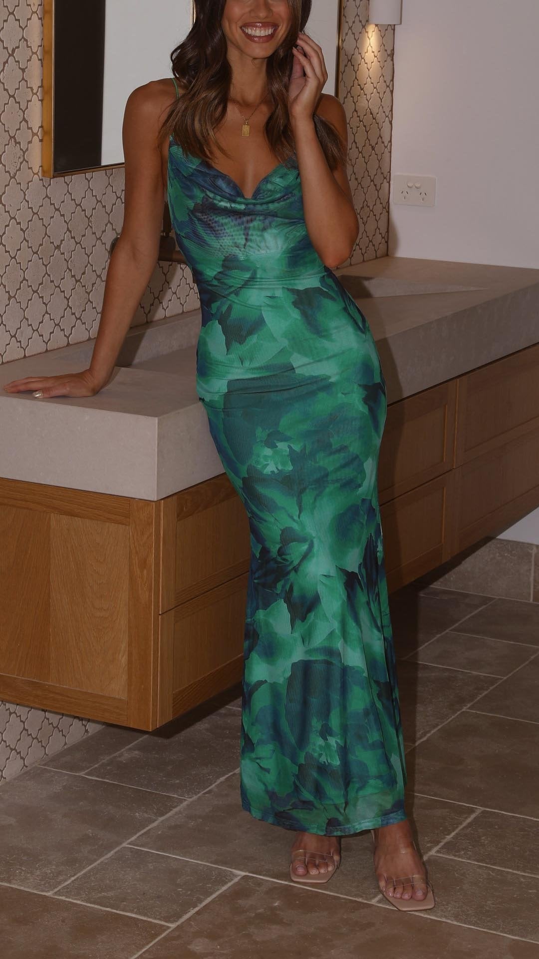 Toperth Verde Floreale Stampato Spaghetti Cinghie Slip Maxi Abito