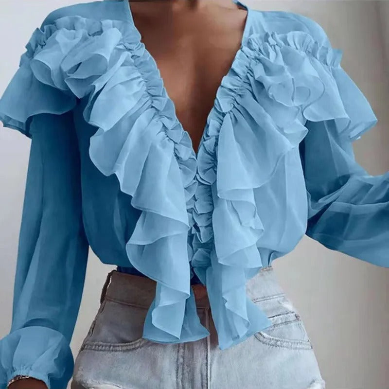 Nychelle - Elegante blusa con volant e maniche lunghe con scollo a V profondo