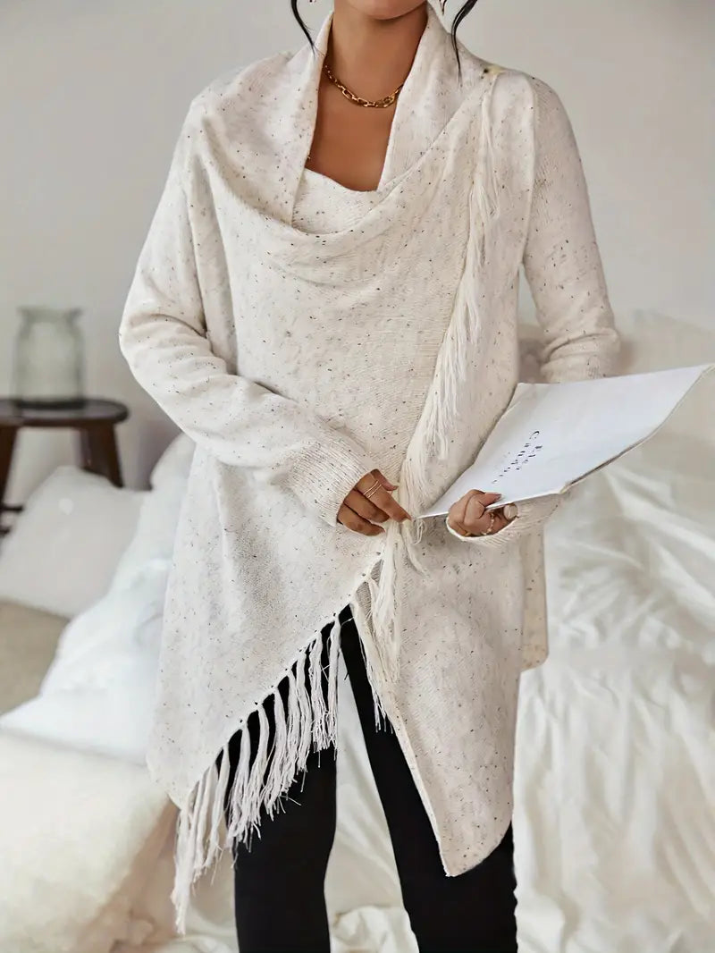 Katherine - Cardigan con scollo a cappuccio e orlo con nappe
