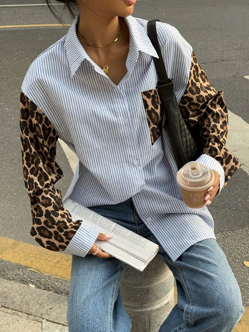 Eliza - Camicetta da donna con patchwork leopardato e righe