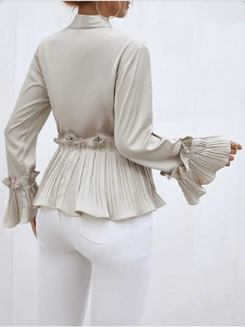 Esther - Elegante top a maniche lunghe con scollo a V e dettaglio plissettato