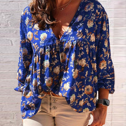 Dariana - Elegante blusa a maniche lunghe con scollo a V e stampa floreale