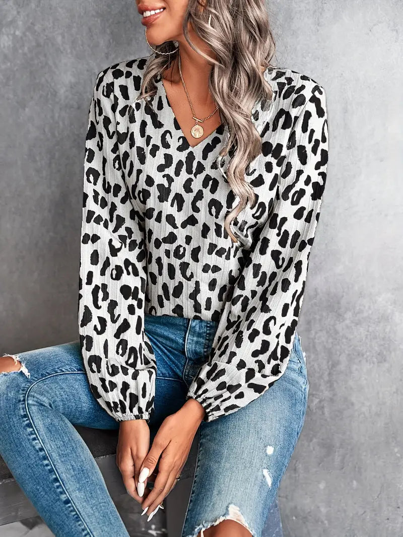 April - Camicetta Casual a Maniche Lunghe con Collo a V e Stampa Leopardo