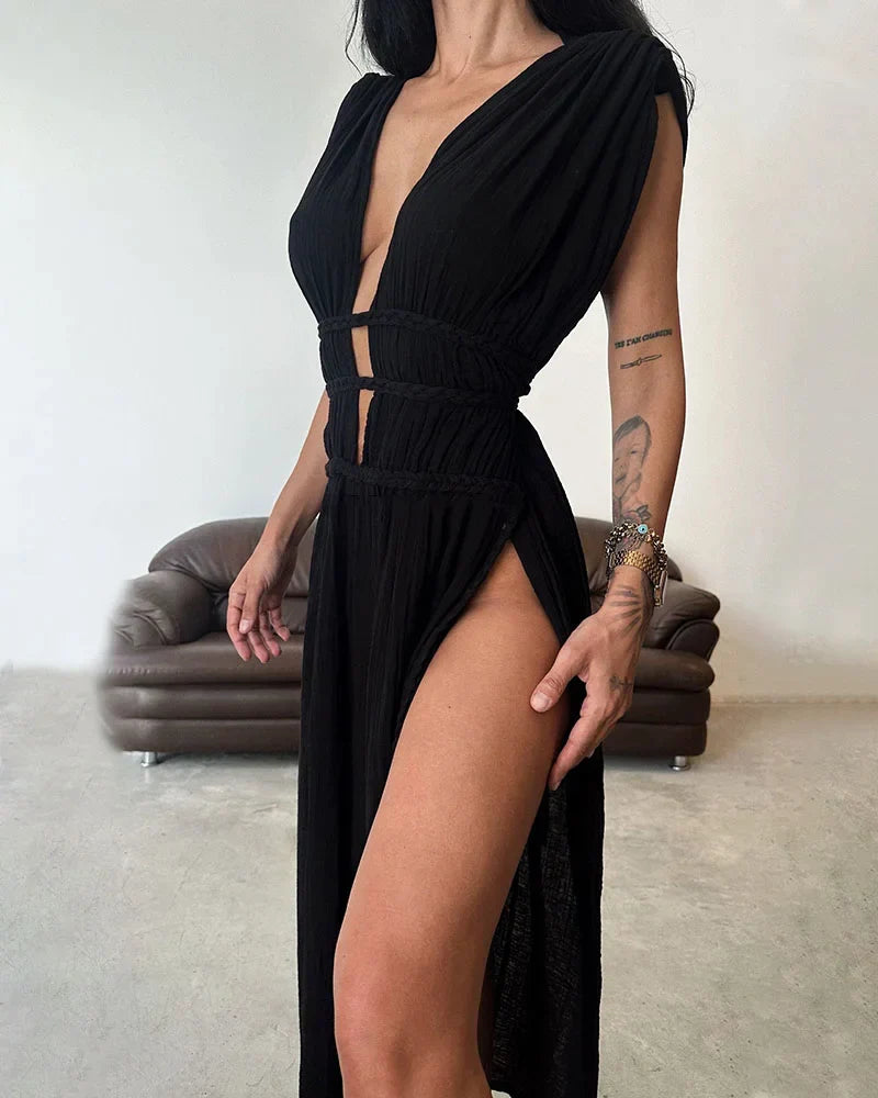 Diana - Abito elegante in cotone e lino con pizzo e spacchi intrecciati
