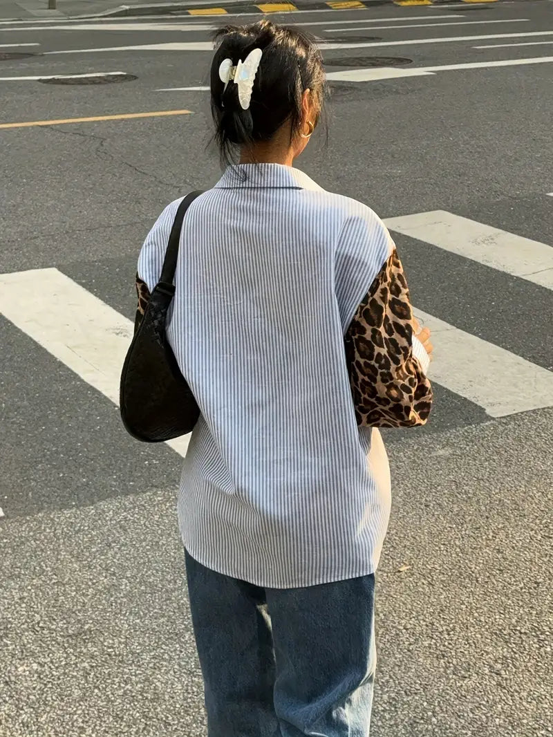 Eliza - Camicetta da donna con patchwork leopardato e righe