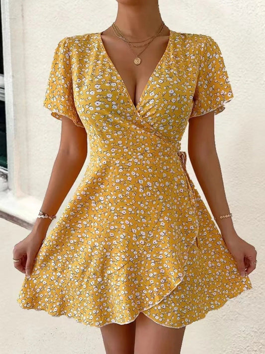 Rosanna - Elegante mini abito floreale con maniche corte e profondo scollo a V