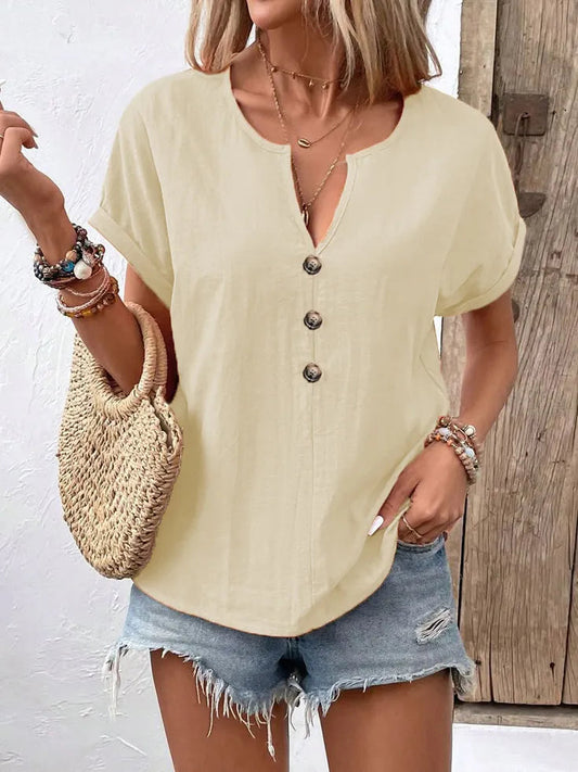Vexana - Blusa casual a maniche corte con scollo a V e bottoni