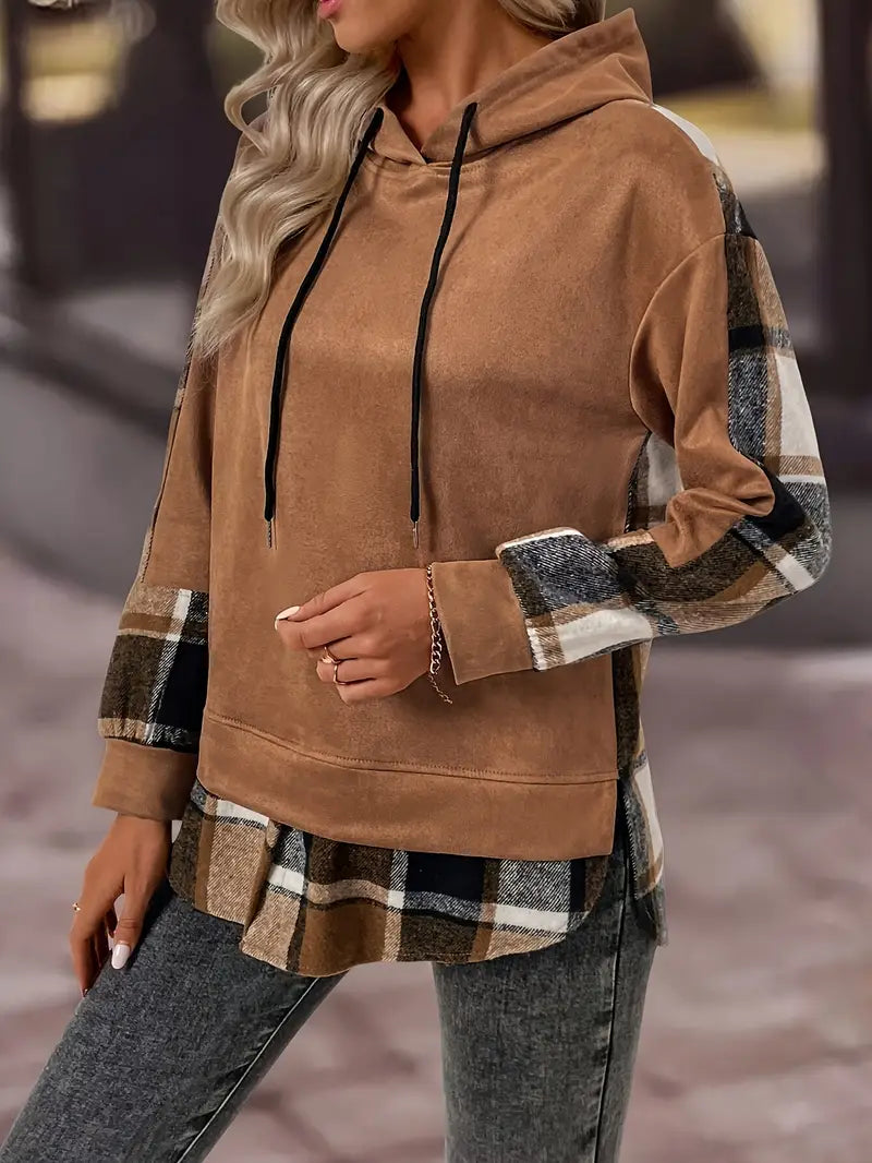 Emmeline - Top casual con cappuccio a maniche lunghe a quadri per donna