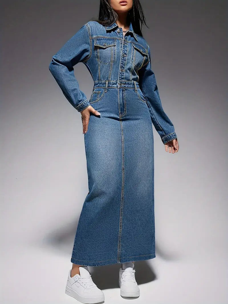 Lydia - Elegante abito a maniche lunghe in denim look per donna