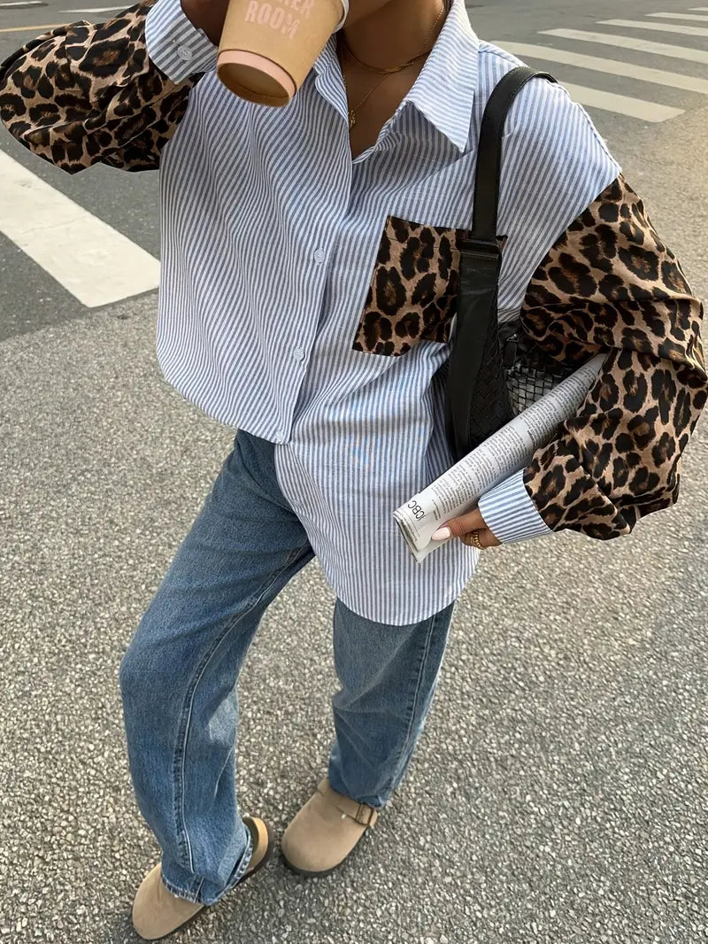 Eliza - Camicetta da donna con patchwork leopardato e righe