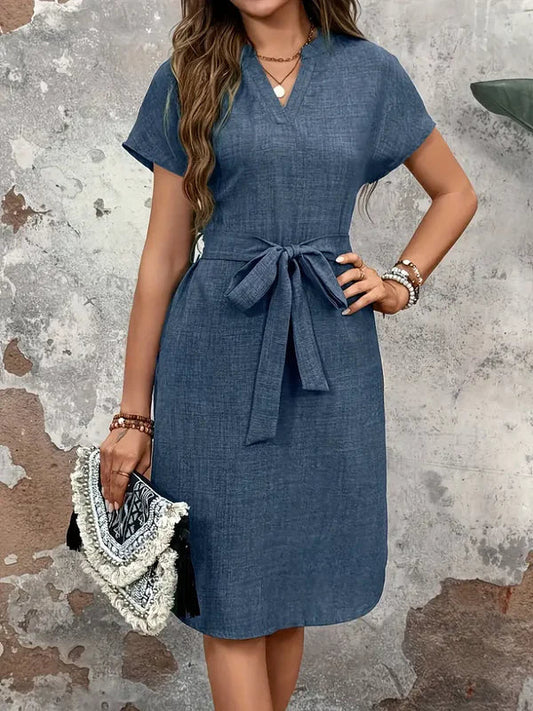 Zella - Abito elegante con maniche corte, scollo a V e cintura da annodare